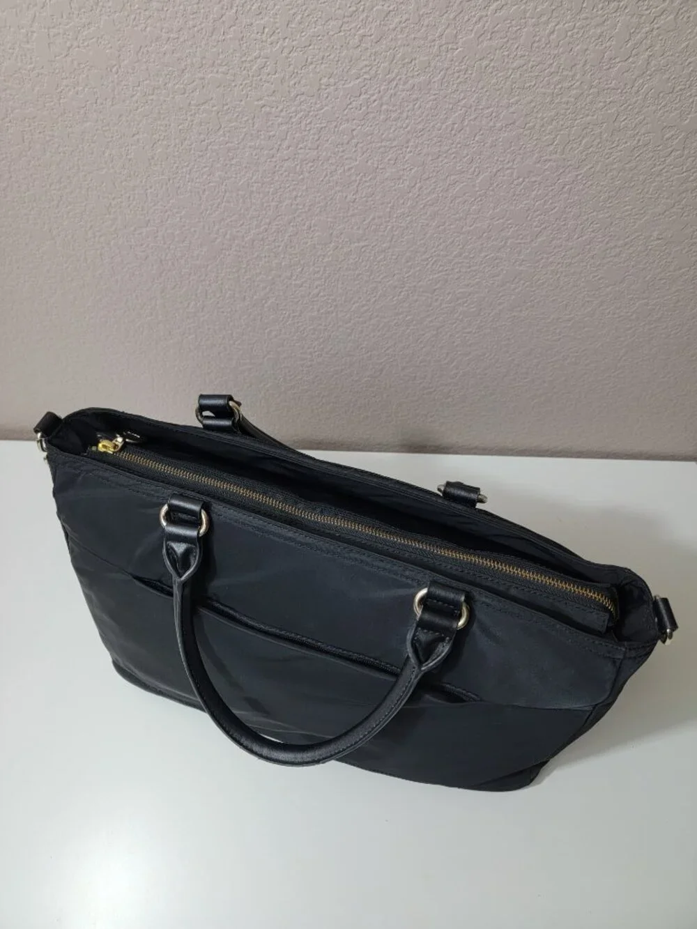 Lo & Sons L&S Black Nylon Laptop Tote Bag Work Travel Crossbody Gold Hardware